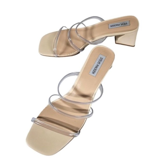 Steve Madden Beige Square Open-Toe Block Heel Sandal w/ Clear Straps - Picture 1 of 2